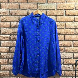 Vintage Tops Anne Klein Women’s Silk Blue Shirt with Green Dots